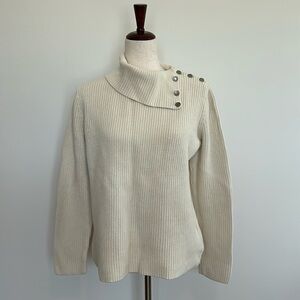 Lauren Ralph Lauren Button Funnel Neck Cream Cotton Sweater Size Small EUC‎